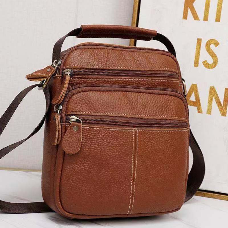 Män Äkta Läder Vintage Crossbody-väska Med Stor Kapacitet Slitstark Mode Dragkedja Design Axelväska