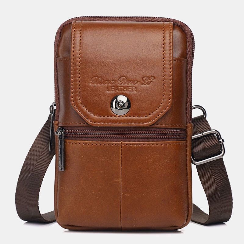 Män Äkta Läder Vintage Multi-card Slot 65 Tums Mini Telefonväska Crossbody Väska Midjeväska Kohudsväska