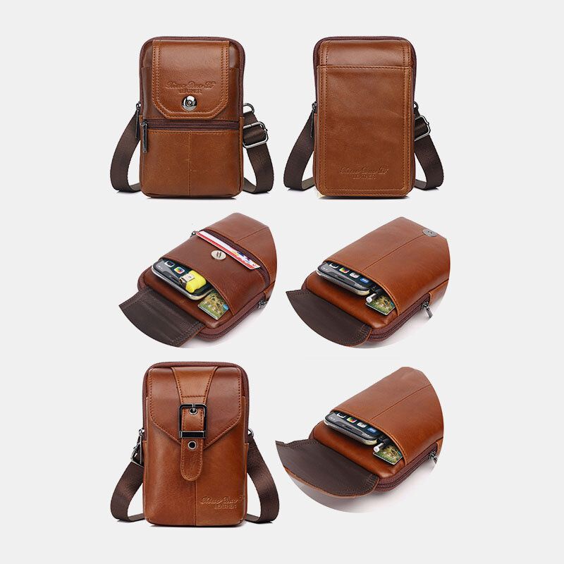 Män Äkta Läder Vintage Multi-card Slot 65 Tums Mini Telefonväska Crossbody Väska Midjeväska Kohudsväska