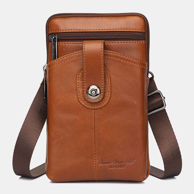 Män Äkta Läder Vintage Multifunktionell 65 Tums Dragkedja Hasp Telefonväska Crossbody Bag Midjeväska