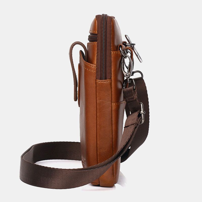 Män Äkta Läder Vintage Multifunktionell 65 Tums Dragkedja Hasp Telefonväska Crossbody Bag Midjeväska