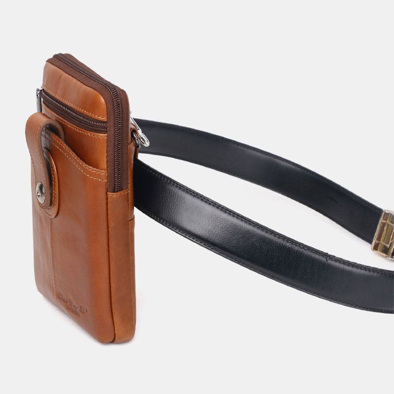 Män Äkta Läder Vintage Multifunktionell 65 Tums Dragkedja Hasp Telefonväska Crossbody Bag Midjeväska