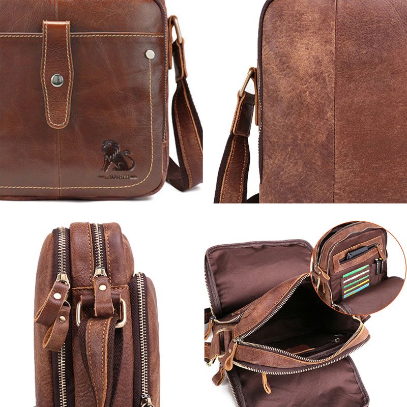 Män Äkta Läder Vintage Stor Kapacitet Slitstark Crossbody-väska Invändigt Fack Casual Business-väska