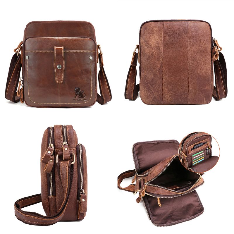 Män Äkta Läder Vintage Stor Kapacitet Slitstark Crossbody-väska Invändigt Fack Casual Business-väska