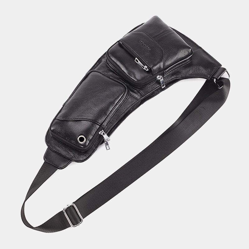 Män Massivt Läder Hörlurskontakt Crossbody-väska Bröstväska Sling Bag