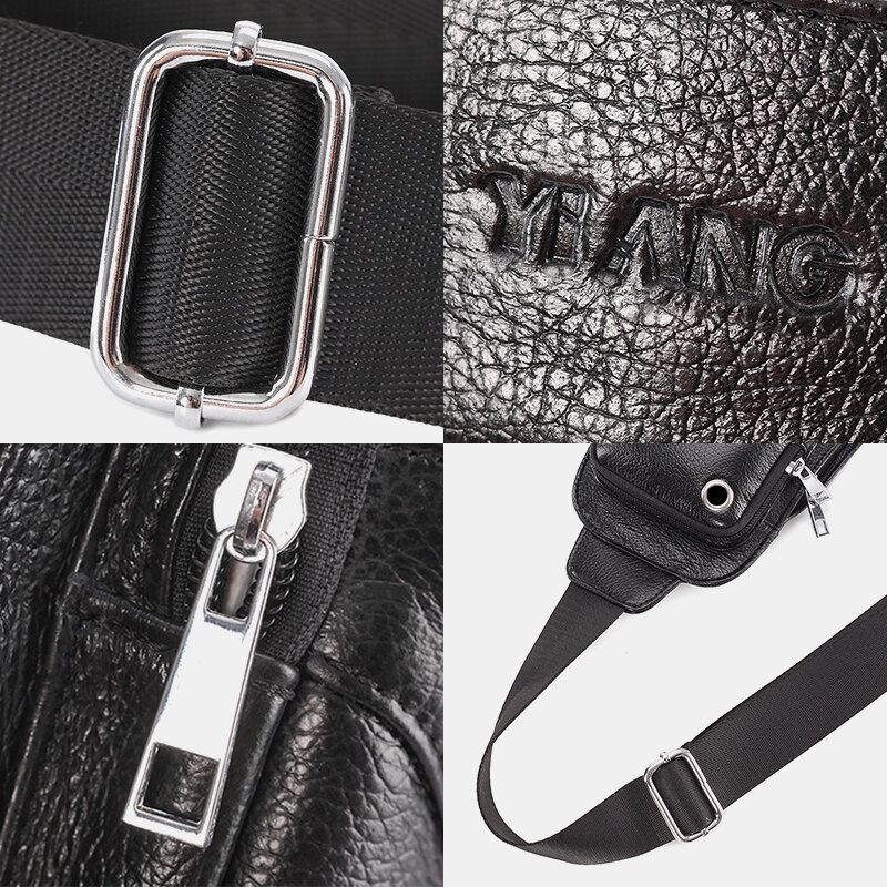 Män Massivt Läder Hörlurskontakt Crossbody-väska Bröstväska Sling Bag