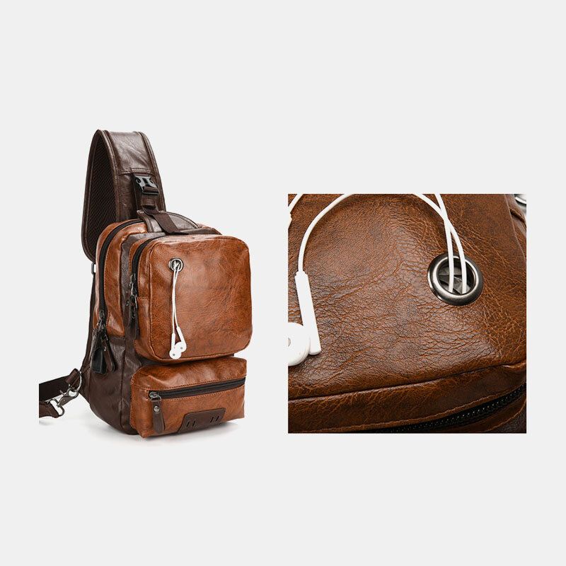 Män Pu Läder Vintage Multifunktion Hörlurar Hål Usb Laddning Crossbody Bag Bröstväska Sling Bag