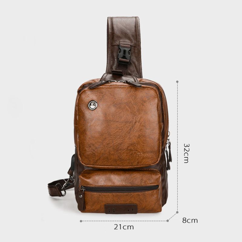 Män Pu Läder Vintage Multifunktion Hörlurar Hål Usb Laddning Crossbody Bag Bröstväska Sling Bag