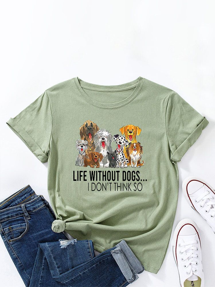 Bokstäver Tecknad Hund Print Dam T-shirt Med Rund Hals För Kvinnor