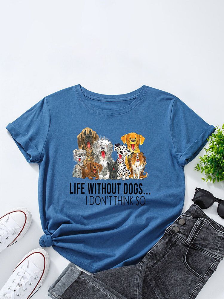 Bokstäver Tecknad Hund Print Dam T-shirt Med Rund Hals För Kvinnor