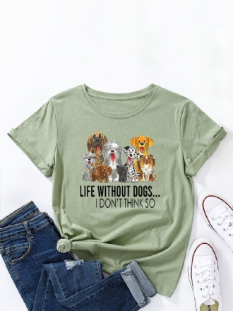 Bokstäver Tecknad Hund Print Dam T-shirt Med Rund Hals För Kvinnor