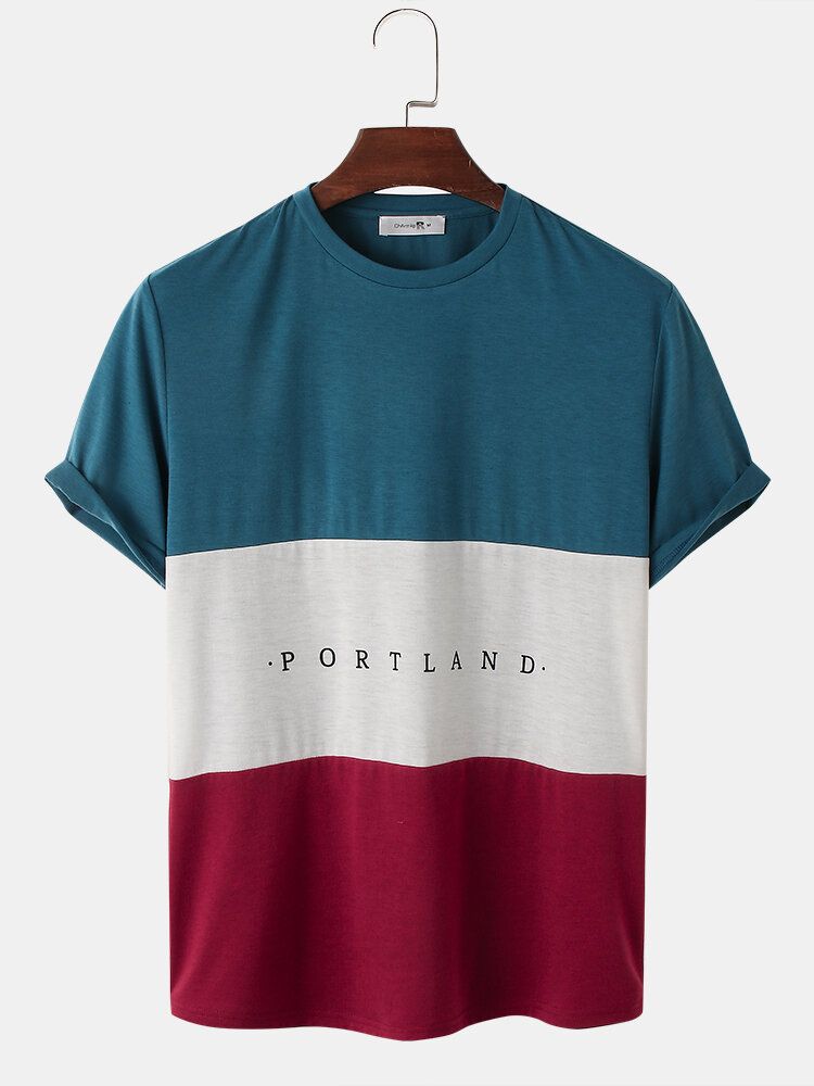 Brevtryck För Män Färgblocksömmar Kortärmade Preppy T-shirts