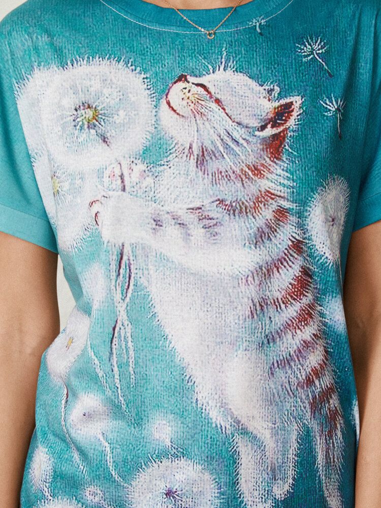 Cartoon Flower Cat Print Kortärmad O-ringad Casual T-shirt