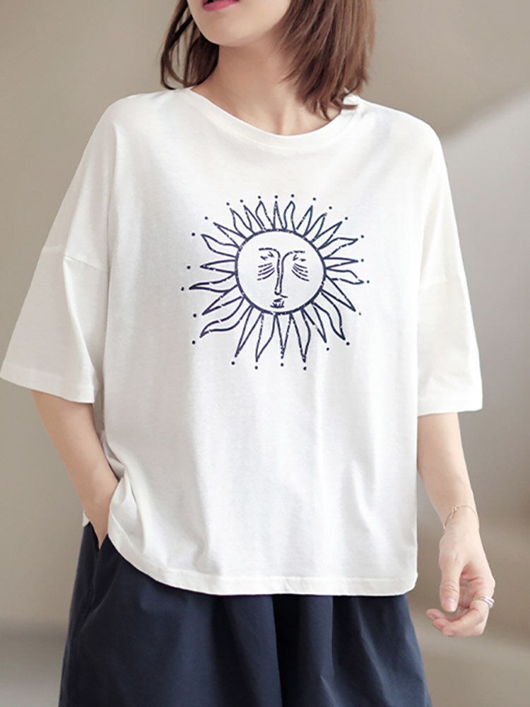 Cartoon Sun Print Kortärmad Casual Lös T-shirt