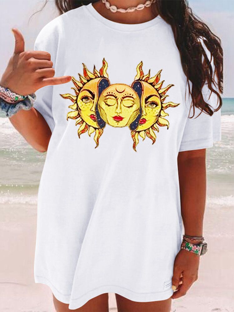 Cartoon Sun Print Rundhalsad Kortärmad Casual Lös T-shirt