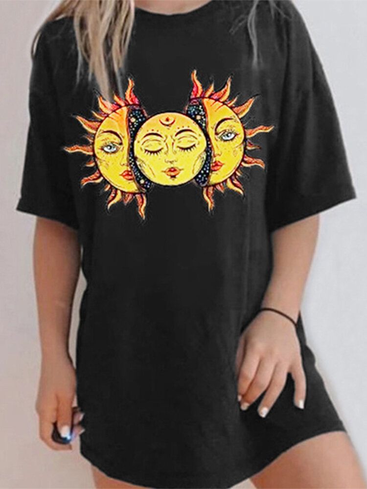 Cartoon Sun Print Rundhalsad Kortärmad Casual Lös T-shirt