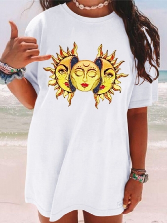 Cartoon Sun Print Rundhalsad Kortärmad Casual Lös T-shirt