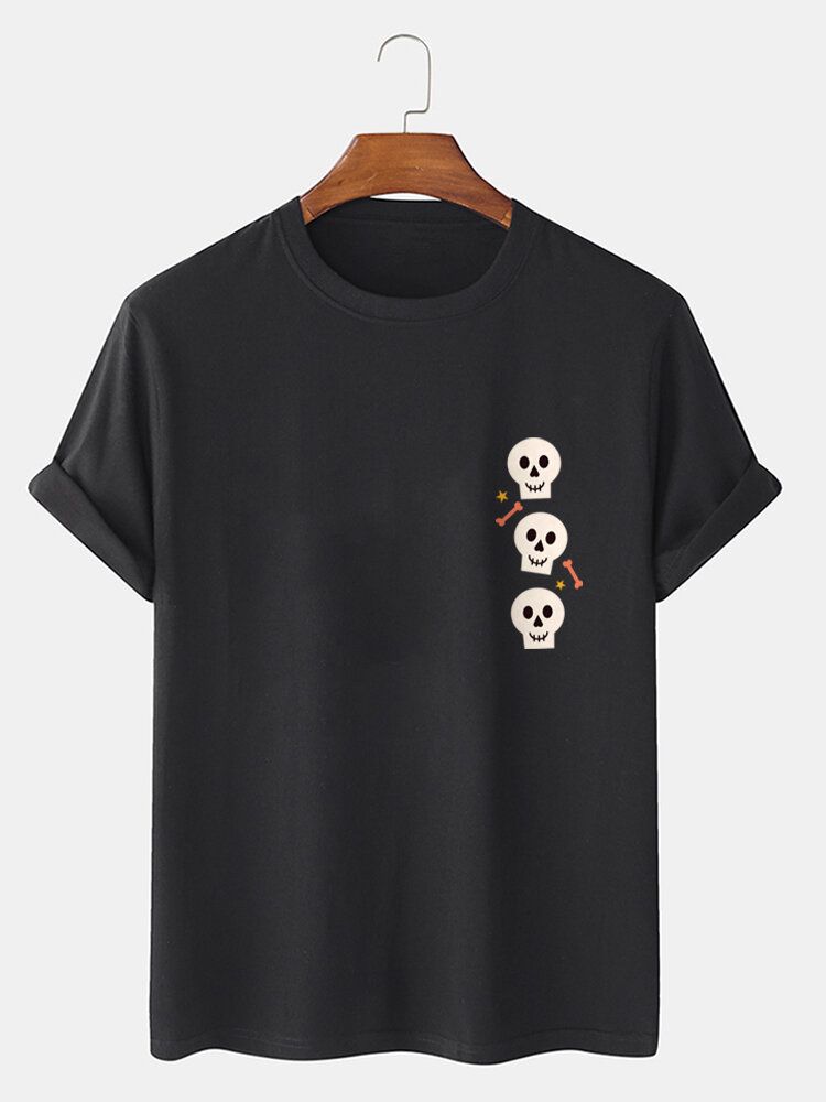 Casual 100% Bomull T-shirts Med Rund Hals Och Skeletttryck För Män