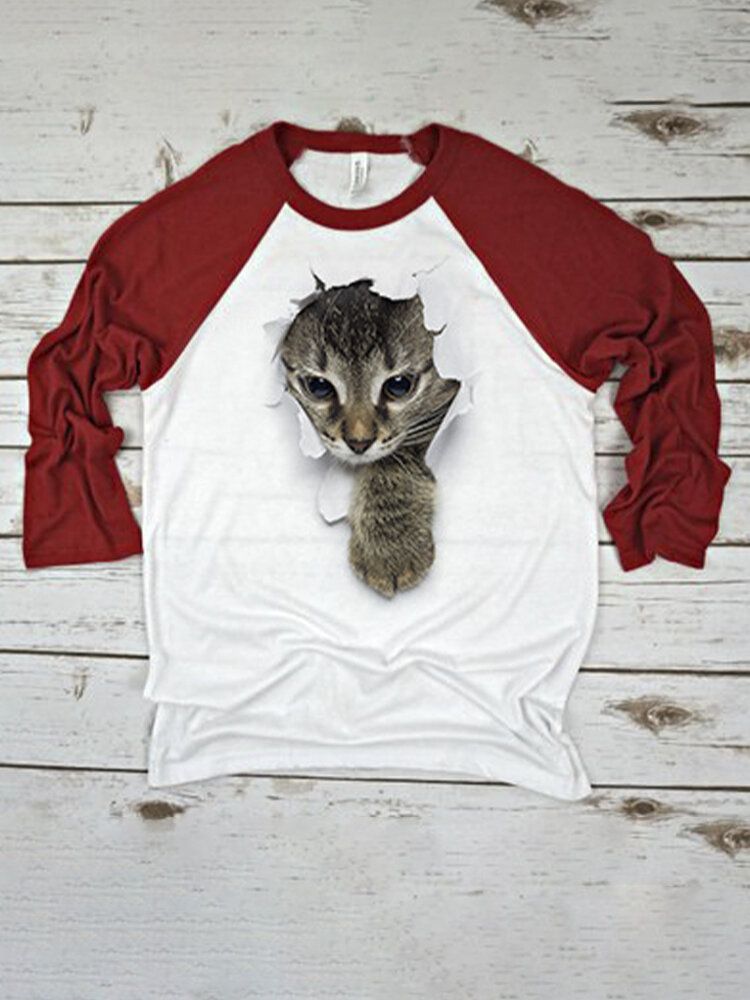 Dam 3d Katt Brösttryck Patchwork Raglan-ärm Rundhalsad Causal T-shirt