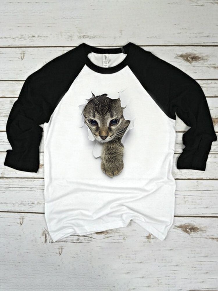 Dam 3d Katt Brösttryck Patchwork Raglan-ärm Rundhalsad Causal T-shirt