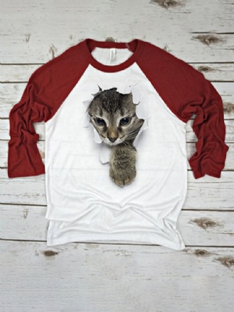 Dam 3d Katt Brösttryck Patchwork Raglan-ärm Rundhalsad Causal T-shirt