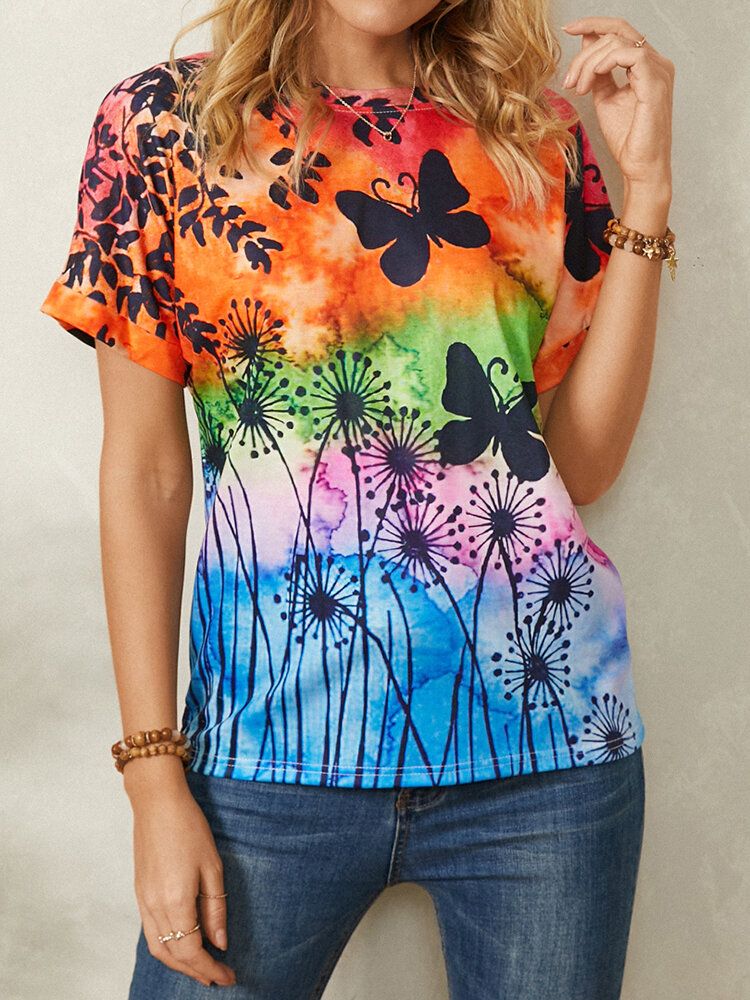 Dam All Over Butterfly Print Rund Neck Casual Kortärmade T-shirts