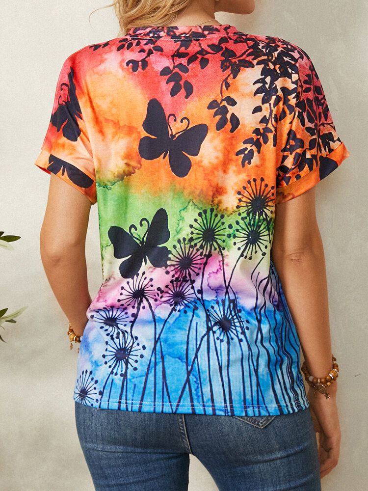 Dam All Over Butterfly Print Rund Neck Casual Kortärmade T-shirts