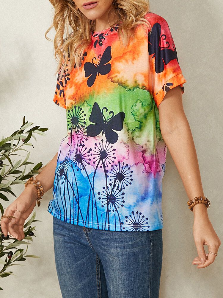 Dam All Over Butterfly Print Rund Neck Casual Kortärmade T-shirts