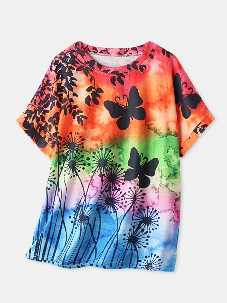 Dam All Over Butterfly Print Rund Neck Casual Kortärmade T-shirts