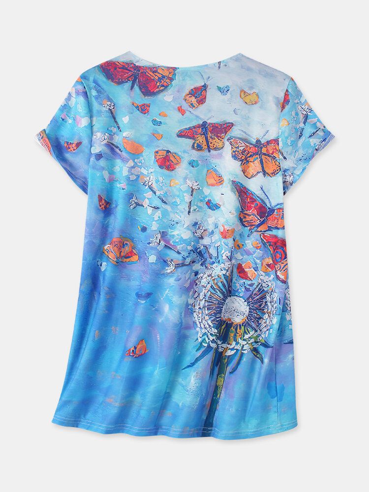 Dam All Over Butterfly Print V-ringad Casual Kortärmade T-shirts