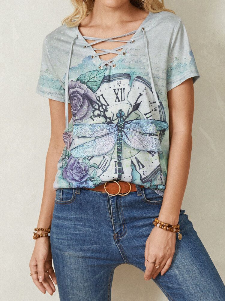 Dam Calico Dragonfly Print V-ringad Bandage Casual Kortärmade T-shirts