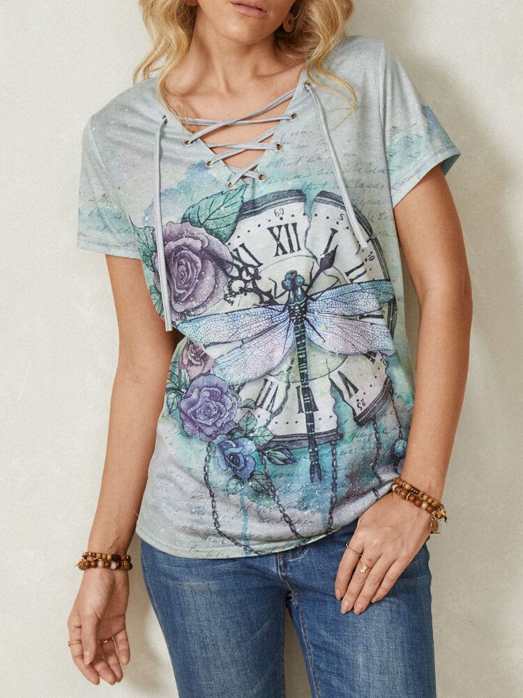 Dam Calico Dragonfly Print V-ringad Bandage Casual Kortärmade T-shirts