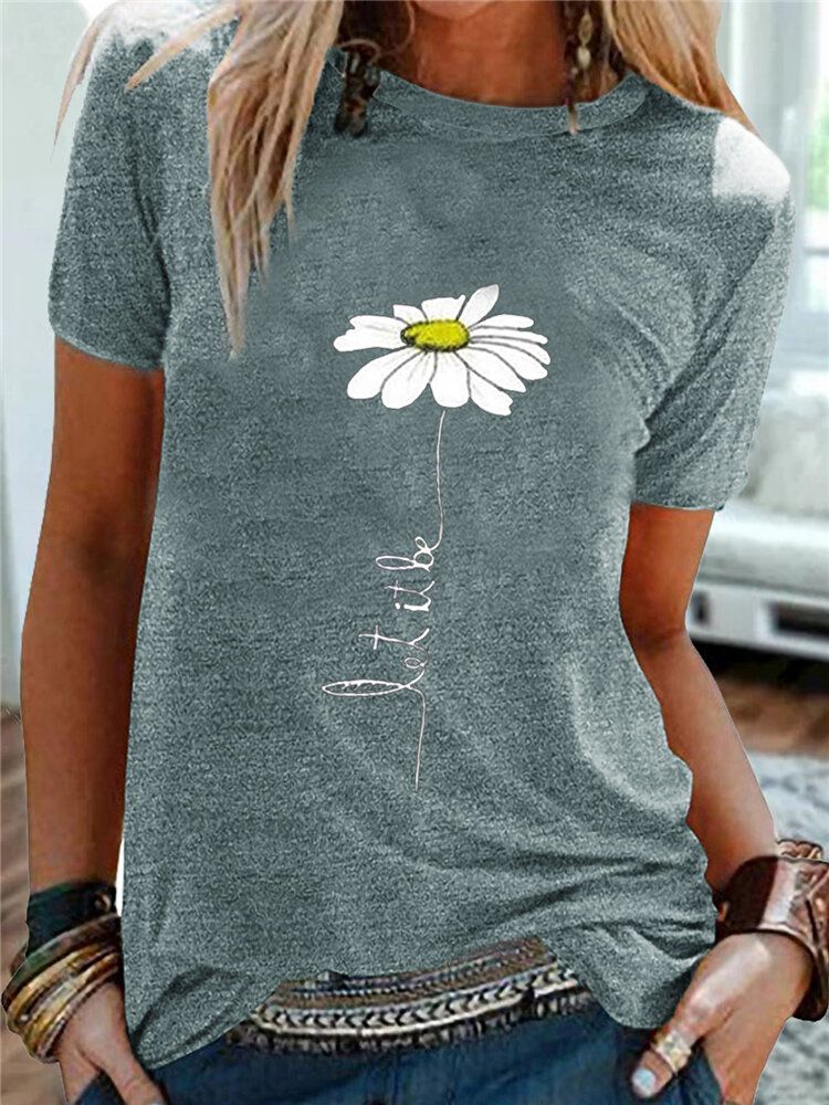 Dam Daisy Brodery Rund Neck Casual Kortärmade T-shirts