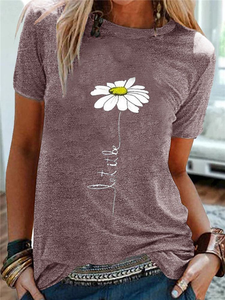 Dam Daisy Brodery Rund Neck Casual Kortärmade T-shirts