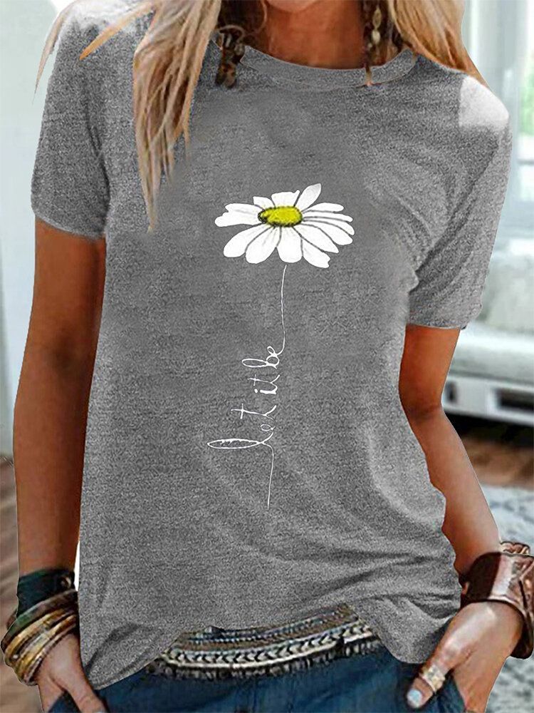 Dam Daisy Brodery Rund Neck Casual Kortärmade T-shirts