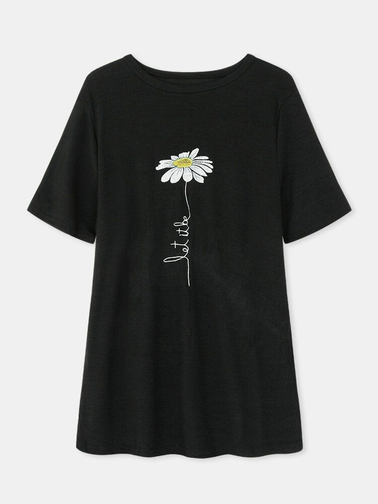 Dam Daisy Brodery Rund Neck Casual Kortärmade T-shirts