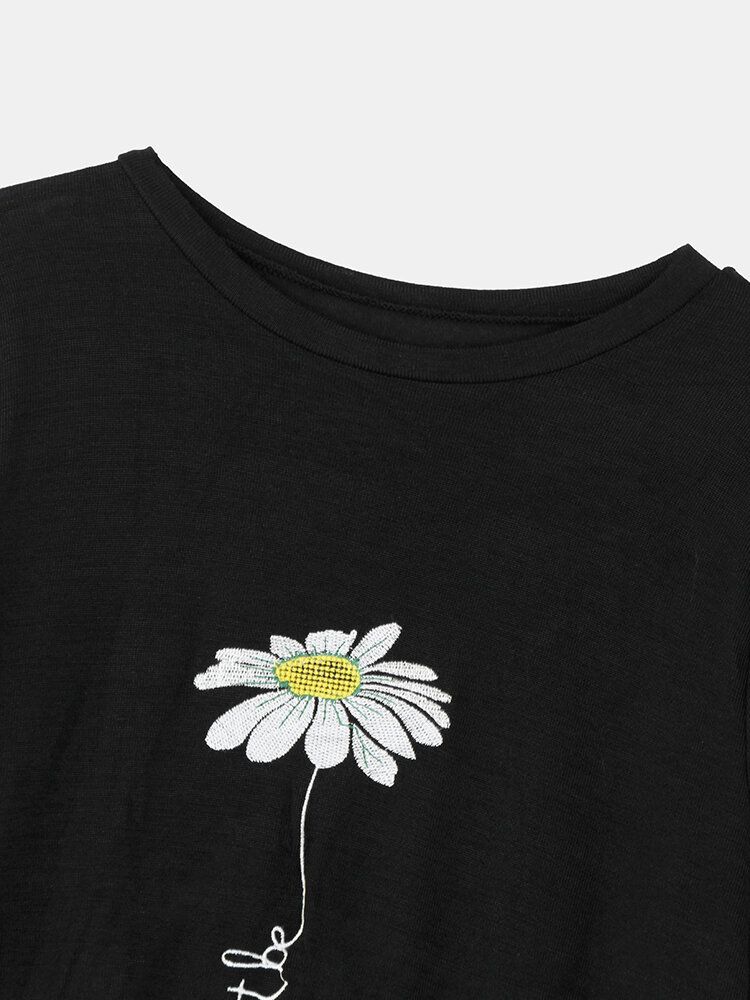 Dam Daisy Brodery Rund Neck Casual Kortärmade T-shirts