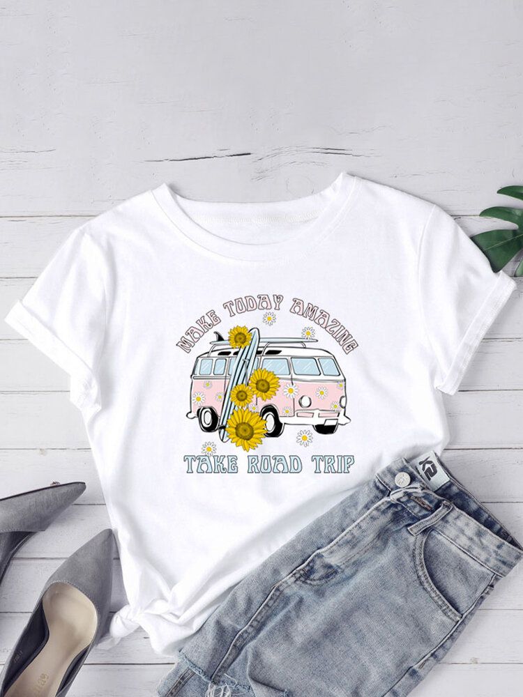 Dam Daisy Car Slogantryck O-ringad Casual Kortärmade T-shirts