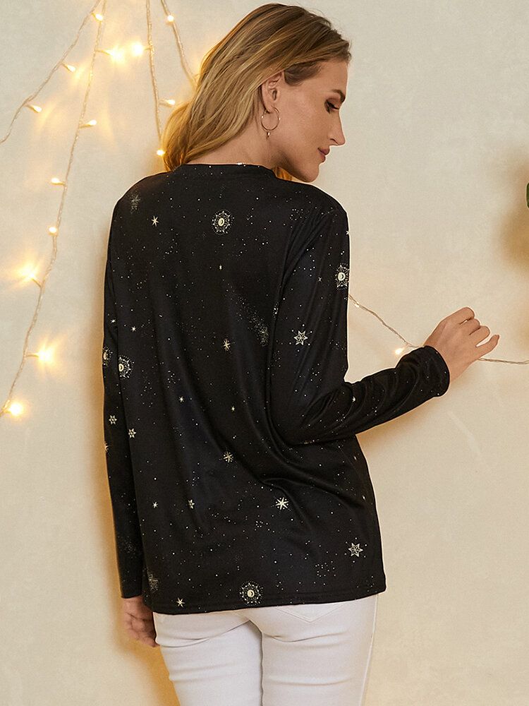 Dam Fiskarna Tryck Stars Moon O-ringad Långärmad Casual T-shirt