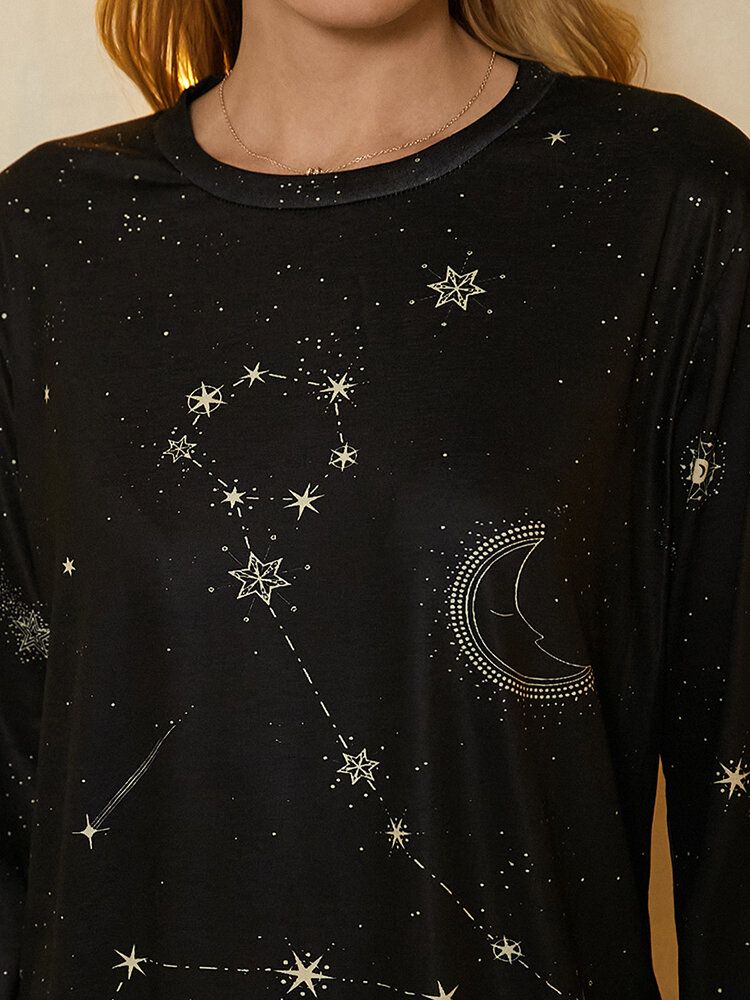 Dam Fiskarna Tryck Stars Moon O-ringad Långärmad Casual T-shirt