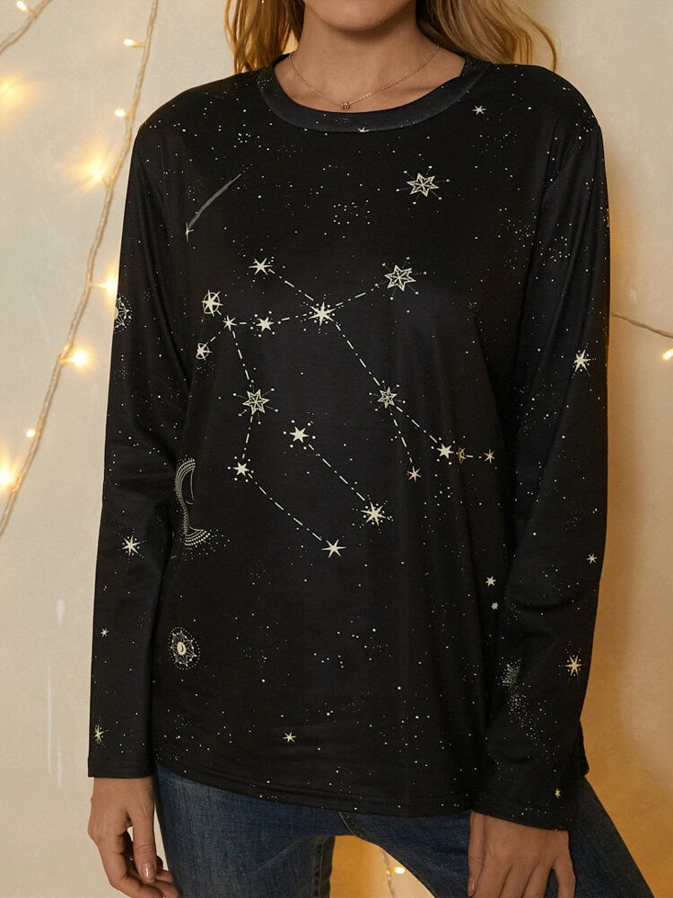 Dam Gemini Print Stars Moon O-ringad Långärmad Casual T-shirt