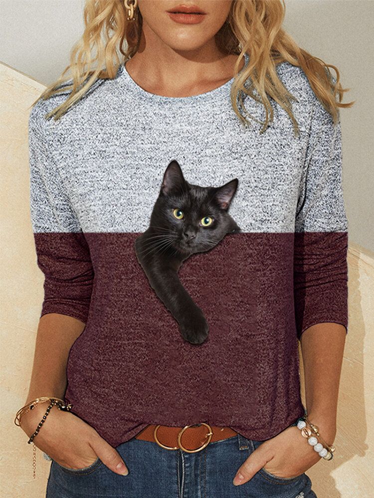 Dam Kontrastfärg 3d Katttryck Långärmad O-ringad Casual T-shirt