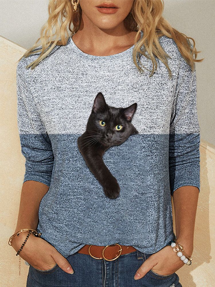 Dam Kontrastfärg 3d Katttryck Långärmad O-ringad Casual T-shirt