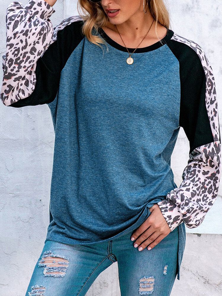 Dam Leopard Raglan Ärm Patchwork O-ringad Casual Lös T-shirt