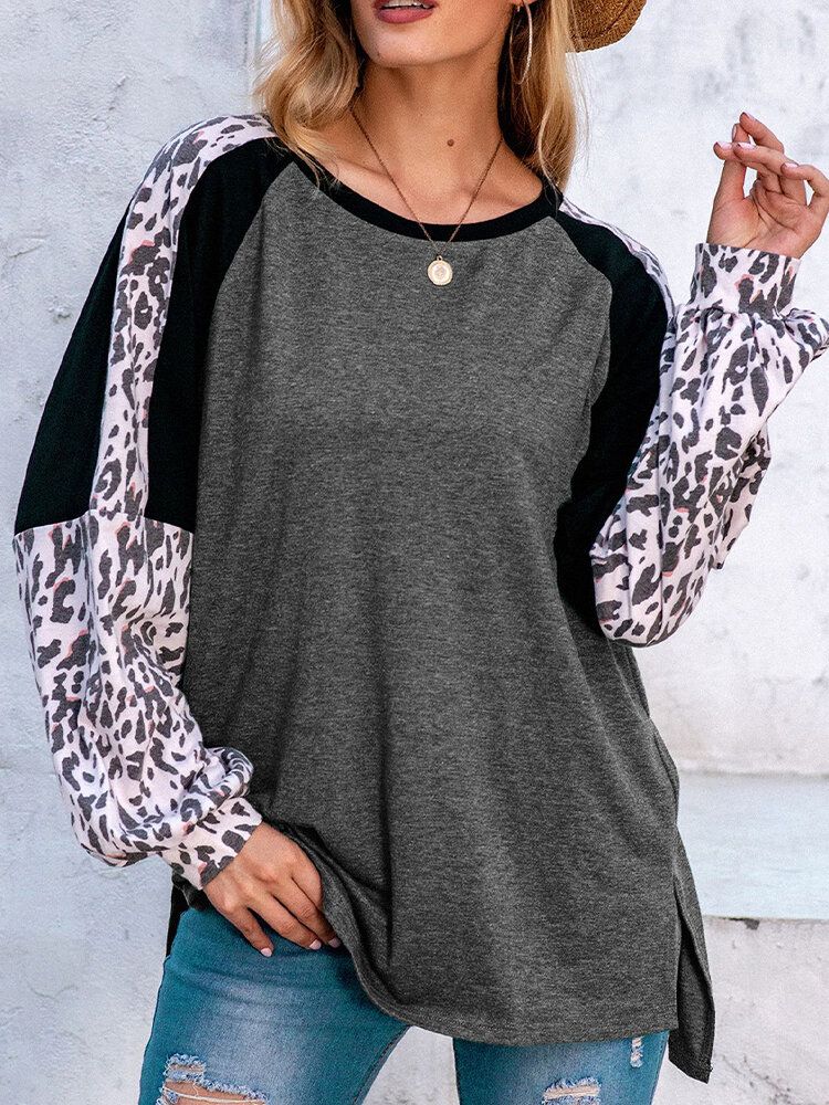 Dam Leopard Raglan Ärm Patchwork O-ringad Casual Lös T-shirt