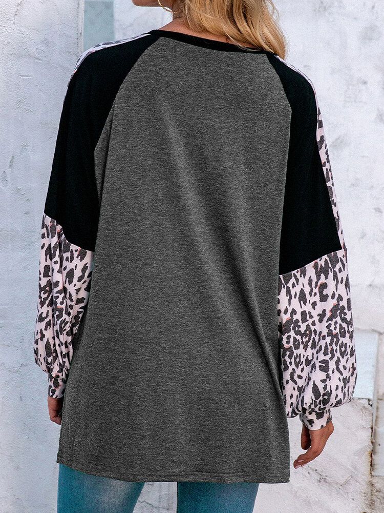 Dam Leopard Raglan Ärm Patchwork O-ringad Casual Lös T-shirt