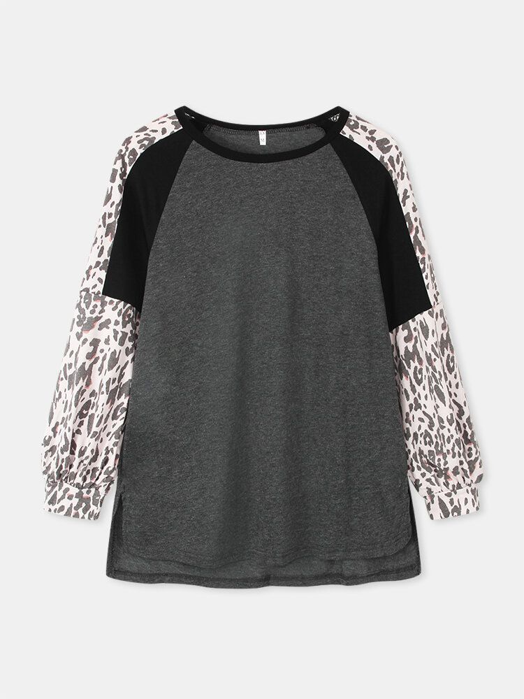 Dam Leopard Raglan Ärm Patchwork O-ringad Casual Lös T-shirt