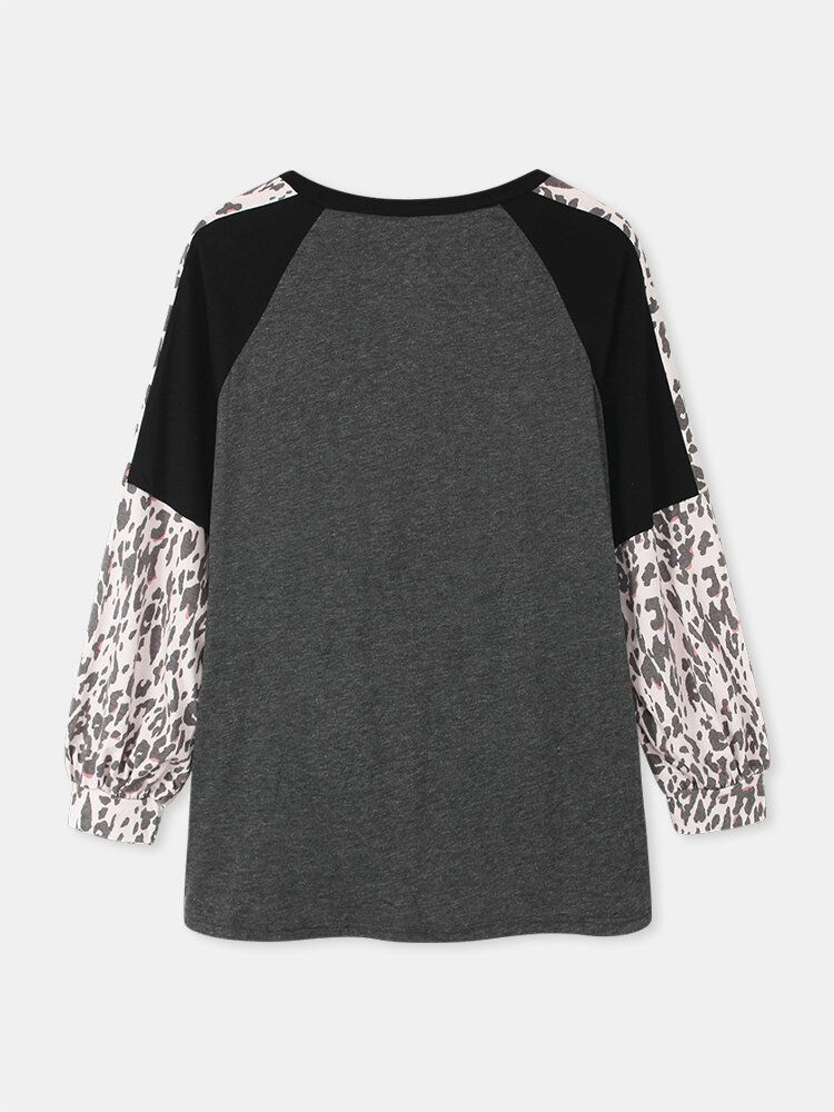 Dam Leopard Raglan Ärm Patchwork O-ringad Casual Lös T-shirt