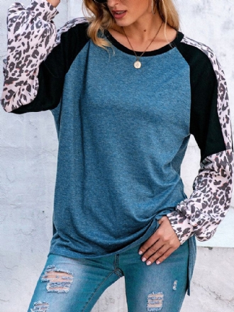 Dam Leopard Raglan Ärm Patchwork O-ringad Casual Lös T-shirt