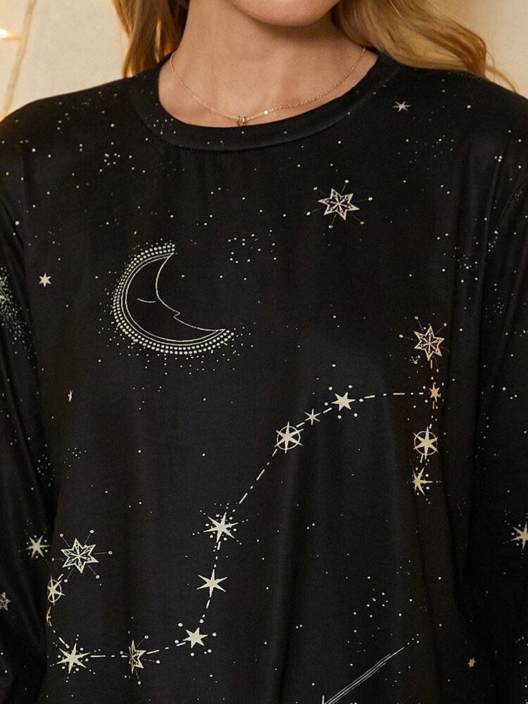 Dam Skorpiontryck Stars Moon O-ringad Långärmad Casual T-shirt